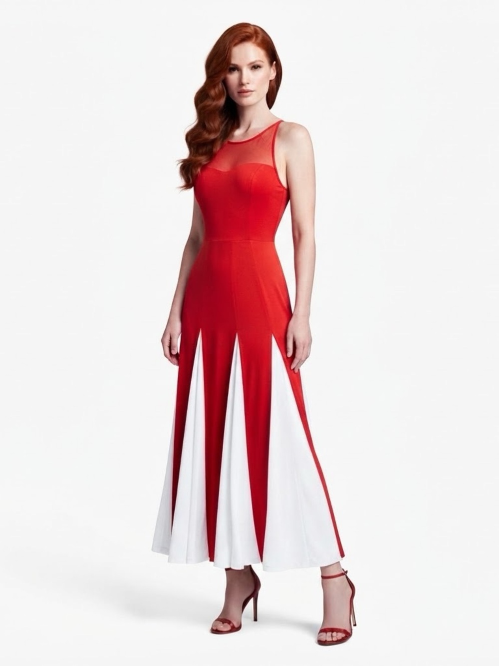 Express Red and White Maxi Panel A-Line Dress Colorblock Sheer